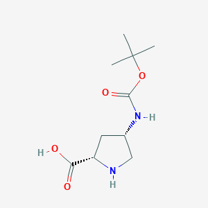 Chemical structure of (2S,4S)-4-((tert-Butoxycarbonyl)amino)pyrrolidine-2-carboxylic acid