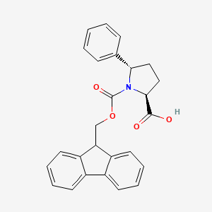 Chemical structure of (2S,5S)-1-(((9H-Fluoren-9-yl)methoxy)carbonyl)-5-phenylpyrrolidine-2-carboxylic acid