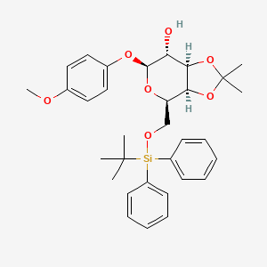 Chemical structure of (3AS,4R,6S,7R,7aR)-4-(((tert-butyldiphenylsilyl)oxy)methyl)-6-(4-methoxyphenoxy)-2,2-dimethyltetrahydro-4H-[1,3]dioxolo[4,5-c]pyran-7-ol