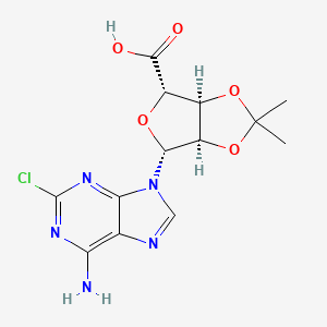 Chemical structure of (3aS,4S,6R,6aR)-6-(6-Amino-2-chloro-9H-purin-9-yl)-2,2-dimethyltetrahydrofuro[3,4-d][1,3]dioxole-4-carboxylic acid