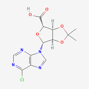 Chemical structure of (3AS,4S,6R,6AR)-6-(6-chloro-purin-9-yl)-2,2-dimethyl-tetrahydro-furo[3,4-d][1,3]dioxole-4-carboxylic acid