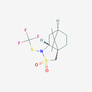 Chemical structure of (3aS,6R,7aR)-8,8-Dimethyl-1-((trifluoromethyl)thio)hexahydro-1H-3a,6-methanobenzo[c]isothiazole 2,2-dioxide