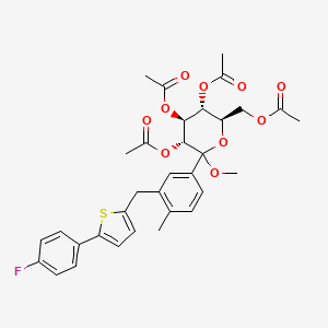 Chemical structure of (3R,4S,5R,6R)-6-(acetoxymethyl)-2-(3-((5-(4-fluorophenyl)thiophen-2-yl)methyl)-4-methylphenyl)-2-methoxytetrahydro-2H-pyran-3,4,5-triyl