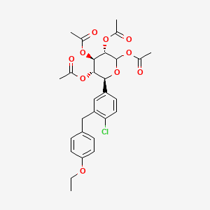 Chemical structure of (3S,4R,5S,6S)-6-(4-chloro-3-(4-ethoxybenzyl)phenyl)tetrahydro-2H-pyran-2,3,4,5-tetrayl tetraacetate