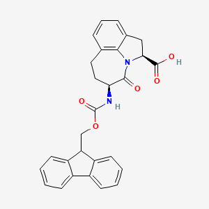 Chemical structure of (3S,6S)-3-((((9H-Fluoren-9-yl)methoxy)carbonyl)amino)-4-oxo-1,2,3,4,6,7-hexahydroazepino[3,2,1-hi]indole-6-carboxylic acid