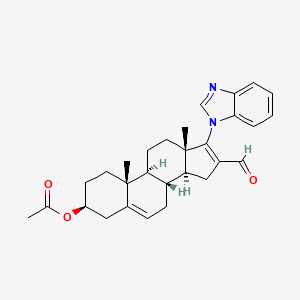 Chemical structure of (3S,8R,9S,10R,13S,14S)-17-(1H-benzo[d]imidazol-1-yl)-16-formyl-10,13-dimethyl-2,3,4,7,8,9,10,11,12,13,14,15-dodecahydro-1H-cyclopenta[a]phenanthren-3-yl acetate