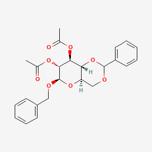 Chemical structure of (4AR,6R,7R,8S,8aR)-6-(benzyloxy)-2-phenylhexahydropyrano[3,2-d][1,3]dioxine-7,8-diyl diacetate
