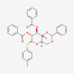 Chemical structure of (4AR,6S,7R,8S,8aR)-2-phenyl-6-(p-tolylthio)hexahydropyrano[3,2-d][1,3]dioxine-7,8-diyl dibenzoate