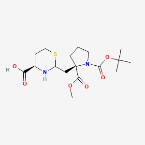 Chemical structure of (4R)-2-(((R)-1-(tert-butoxycarbonyl)-2-(methoxycarbonyl)pyrrolidin-2-yl)methyl)-1,3-thiazinane-4-carboxylic acid