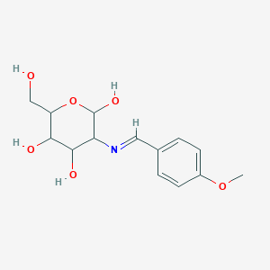 Chemical structure of (E)-6-(hydroxymethyl)-3-((4-methoxybenzylidene)amino)tetrahydro-2H-pyran-2,4,5-triol