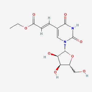 Chemical structure of (E)-Ethyl 3-(1-((2R,3R,4S,5R)-3,4-dihydroxy-5-(hydroxymethyl)tetrahydrofuran-2-yl)-2,4-dioxo-1,2,3,4-tetrahydropyrimidin-5-yl)acrylate