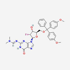 Chemical structure of (E)-N'-(9-((2R,3R,4R,5R)-5-((Bis(4-methoxyphenyl)(phenyl)methoxy)methyl)-3-fluoro-4-hydroxytetrahydrofuran-2-yl)-6-oxo-6,9-dihydro-3h-purin-2-yl)-n,n-dimethylformimidamide