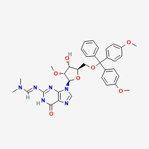 Chemical structure of (E)-N'-(9-((2R,3R,4R,5R)-5-((Bis(4-methoxyphenyl)(phenyl)methoxy)methyl)-4-hydroxy-3-methoxytetrahydrofuran-2-yl)-6-oxo-6,9-dihydro-3H-purin-2-yl)-n,n-dimethylformimidamide