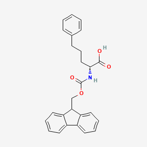 Chemical structure of (R)-2-((((9H-Fluoren-9-yl)methoxy)carbonyl)amino)-5-phenylpentanoic acid