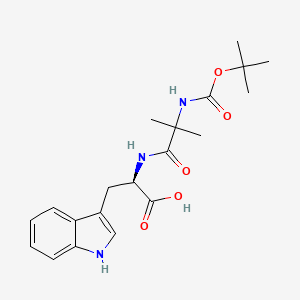 Chemical structure of (R)-2-(2-((tert-Butoxycarbonyl)amino)-2-methylpropanamido)-3-(1H-indol-3-yl)propanoic acid