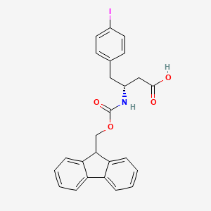 Chemical structure of (R)-3-((((9H-Fluoren-9-yl)methoxy)carbonyl)amino)-4-(4-iodophenyl)butanoic acid