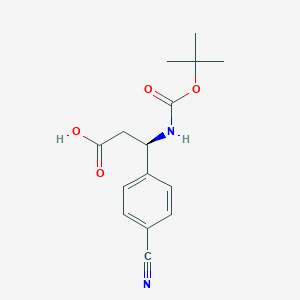 Chemical structure of (R)-3-((tert-Butoxycarbonyl)amino)-3-(4-cyanophenyl)propanoic acid