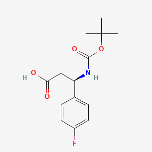 Chemical structure of (R)-3-((tert-Butoxycarbonyl)amino)-3-(4-fluorophenyl)propanoic acid