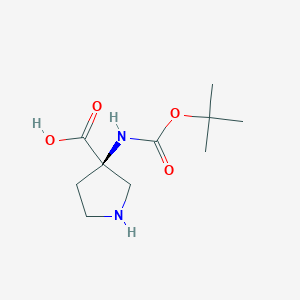 Chemical structure of (R)-3-((tert-Butoxycarbonyl)amino)pyrrolidine-3-carboxylic acid