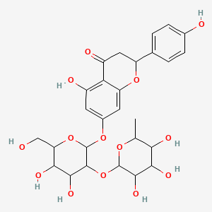 Chemical structure of (R)-7-(((2S,3R,4S,5S,6R)-4,5-dihydroxy-6-(hydroxymethyl)-3-(((2S,3R,4R,5R,6S)-3,4,5-trihydroxy-6-methyltetrahydro-2H-pyran-2-yl)oxy)tetrahydro-2H-pyran-2-yl)oxy)-5-hydroxy-2-(4-hydroxyphenyl)chroman-4-one