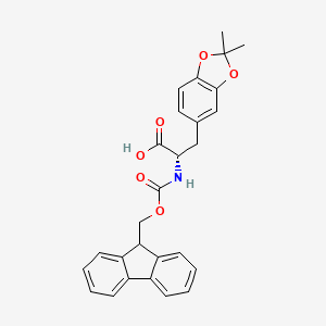 Chemical structure of (S)-2-((((9H-Fluoren-9-yl)methoxy)carbonyl)amino)-3-(2,2-dimethylbenzo[d][1,3]dioxol-5-yl)propanoic acid