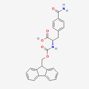 Chemical structure of (S)-2-((((9H-Fluoren-9-yl)methoxy)carbonyl)amino)-3-(4-carbamoylphenyl)propanoic acid