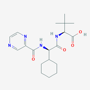 Chemical structure of (S)-2-((R)-2-cyclohexyl-2-(pyrazine-2-carboxamido)acetamido)-3,3-dimethylbutanoic acid