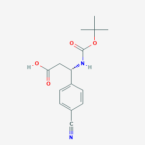 Chemical structure of (S)-3-((tert-Butoxycarbonyl)amino)-3-(4-cyanophenyl)propanoic acid