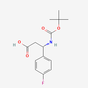 Chemical structure of (S)-3-((tert-Butoxycarbonyl)amino)-3-(4-fluorophenyl)propanoic acid