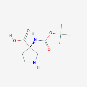 Chemical structure of (S)-3-((tert-Butoxycarbonyl)amino)pyrrolidine-3-carboxylic acid