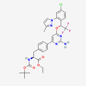 Chemical structure of (S)-ethyl 3-(4-(2-amino-6-((R)-1-(4-chloro-2-(3-methyl-1H-pyrazol-1-yl)phenyl)-2,2,2-trifluoroethoxy)pyrimidin-4-yl)phenyl)-2-((tert-butoxycarbonyl)amino)propanoate