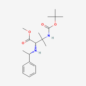 Chemical structure of (S)-Methyl 3-((tert-butoxycarbonyl)amino)-3-methyl-2-(((S)-1-phenylethyl)amino)butanoate