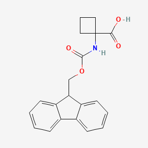 Chemical structure of 1-((((9H-Fluoren-9-yl)methoxy)carbonyl)amino)cyclobutane-1-carboxylic acid