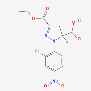 Chemical structure of 1-(2-Chloro-4-nitrophenyl)-3-(ethoxycarbonyl)-5-methyl-4,5-dihydro-1h-pyrazole-5-carboxylic acid