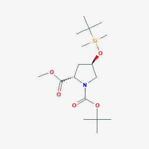 Chemical structure of 1-(tert-Butyl) 2-methyl (2S,4R)-4-((tert-butyldimethylsilyl)oxy)pyrrolidine-1,2-dicarboxylate