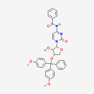 Chemical structure of 1-[3'-O-[(4,4'-dimethoxytriphenyl)methyl]-a-L-threofuranosyl]-N4-benzoylcytosine