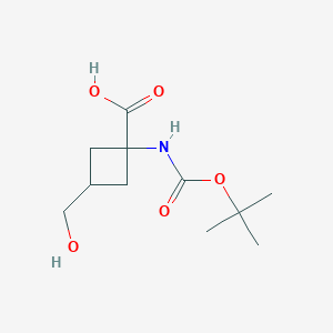 Chemical structure of 1-{[(tert-Butoxy)carbonyl]amino}-3-(hydroxymethyl)cyclobutane-1-carboxylic acid