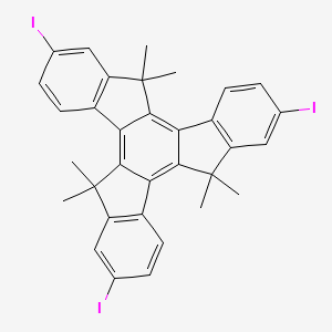 Chemical structure of 10,15-Dihydro-2,7,12-triiodo-5,5,10,10,15,15-hexamethyl-5H-tribenzo[a,f,k]trindene