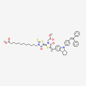 Chemical structure of 12-((2Z,5E)-3-(Carboxymethyl)-5-((4-(4-(2,2-diphenylvinyl)phenyl)-1,2,3,3a,4,8b-hexahydrocyclopenta[b]indol-7-yl)methylene)-4,4'-dioxo-2'-thioxo-4,5-dihydro-2'H,3H-[2,5'-bithiazolylidene]-3'(4'H)-yl)dodecanoic acid