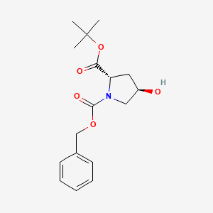 Chemical structure of 1-Benzyl 2-(tert-butyl) (2S,4R)-4-hydroxypyrrolidine-1,2-dicarboxylate