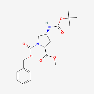 Chemical structure of 1-Benzyl 2-methyl (2R,4R)-4-((tert-butoxycarbonyl)amino)pyrrolidine-1,2-dicarboxylate
