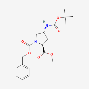 Chemical structure of 1-Benzyl 2-methyl (2S,4R)-4-((tert-butoxycarbonyl)amino)pyrrolidine-1,2-dicarboxylate