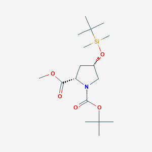 Chemical structure of 1-O-tert-Butyl 2-O-methyl (2S,4S)-4-[tert-butyl(dimethyl)silyl]oxypyrrolidine-1,2-dicarboxylate