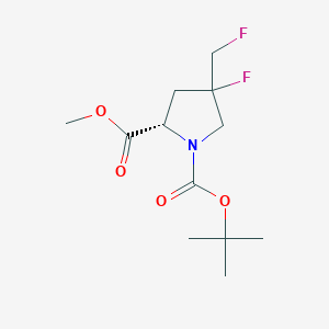 Chemical structure of 1-tert-Butyl 2-methyl (2S)-4-fluoro-4-(fluoromethyl)pyrrolidine-1,2-dicarboxylate