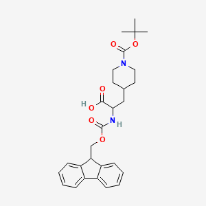 Chemical structure of 2-((((9H-Fluoren-9-yl)methoxy)carbonyl)amino)-3-(1-(tert-butoxycarbonyl)piperidin-4-yl)propanoic acid