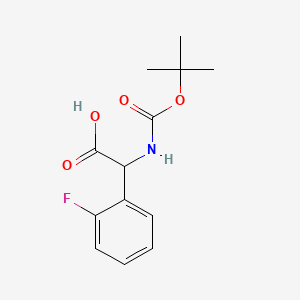Chemical structure of 2-Fluoro-DL-phenylglycine, N-BOC protected