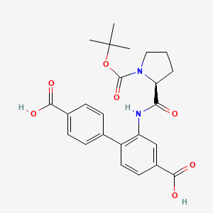 Chemical structure of 2-(1-(Tert-butoxycarbonyl)pyrrolidine-2-carboxamido)-[1,1'-biphenyl]-4,4'-dicarboxylic acid