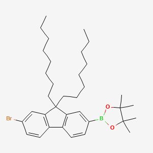 Chemical structure of 2-(7-Bromo-9,9-di-n-octyl-9H-fluoren-2-yl)-4,4,5,5-tetramethyl-1,3,2-dioxaborolane