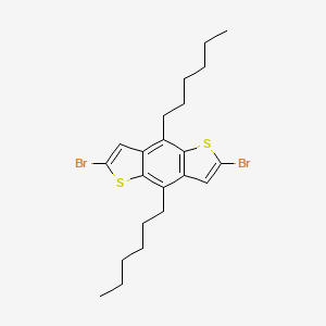 Chemical structure of 2,6-Dibromo-4,8-bis(hexyloxy)benzo[1,2-b:4,5-b']dithiophene