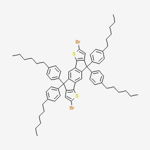 Chemical structure of 2,7-Dibromo-4,4,9,9-tetrakis(4-hexylphenyl)-4,9-dihydro-s-indaceno[1,2-b:5,6-b']dithiophene